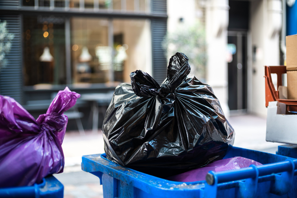 black bags of trash on a garbage bin during daytime